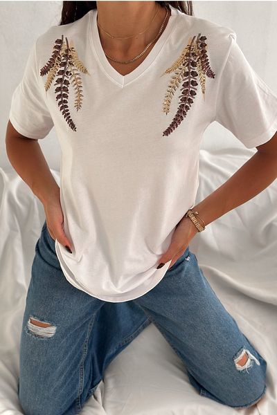 FEMELLE Women's White V-Neck Large Size Shoulder Leaf Pattern Sequin Sequin Embroidered 100% Cotton T-Shirt