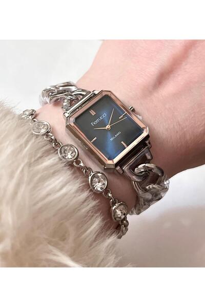 Ferrucci Çelik Zincir Kordon Kare Kadran Kadın Kol Saati+Bileklik