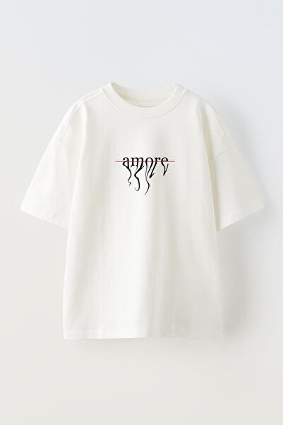 THEWERT Unisex Amore Design Štampano Pamuk Bela Oversize kroj T-shirt