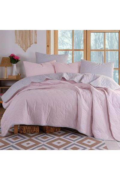 Eponj Home Reversible quilted duvet set 200x220cm + 2 pillowcases, Solid Pink/Grey
