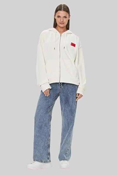 Hugo Boss Regular Fit Kapüşonlu Kadife Kadın Spor Ceket Beyaz