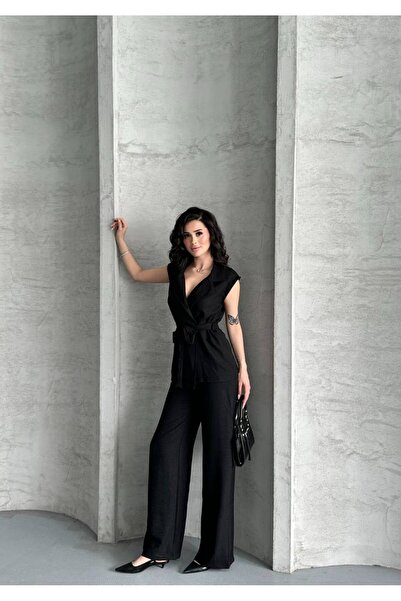 ZF BUTİK Dvojitý plátěný oblek s vestou s páskem