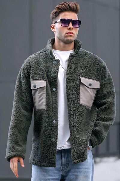Madmext Khakifarbene Plüschjacke mit Taschendetail 6720