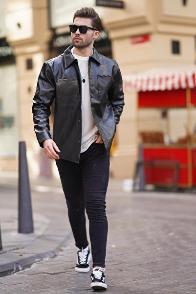 Madmext Siyah Cep Detaylı Suni Deri Düğmeli Gömlek Yaka Ceket 7218