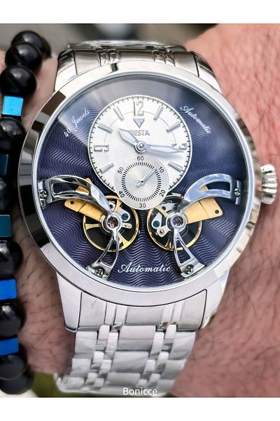 Fiesta Silver-Navy Blue, Automatic(Without Battery), Cord Case Steel, Vip Special Series Men Wristwatch with Bracelet Gift