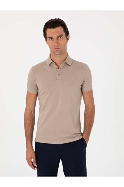 Cacharel Dark Beige Slim Fit Polo Neck Cotton Basic T-Shirt 50300934 -Vr088
