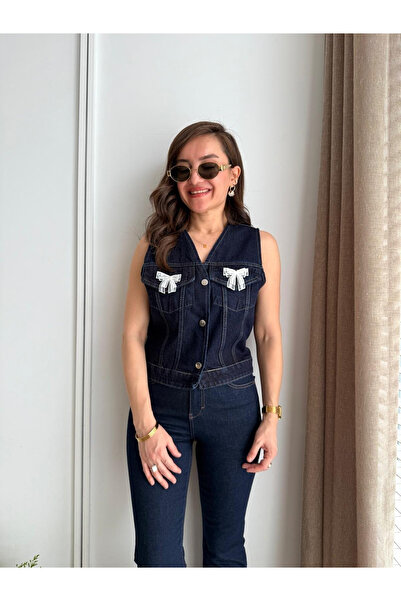 My Blog Marineblaue Denim-Weste mit Schleife - 6518