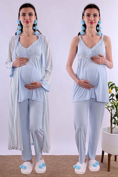 ByLohusa Set de pijamale de maternitate pentru gravide Effortt Blue Peignoir