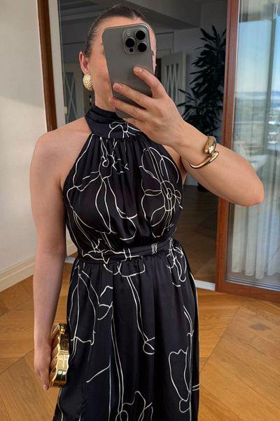 Tuba Butik Patterned Halter Neck Satin Long Dress