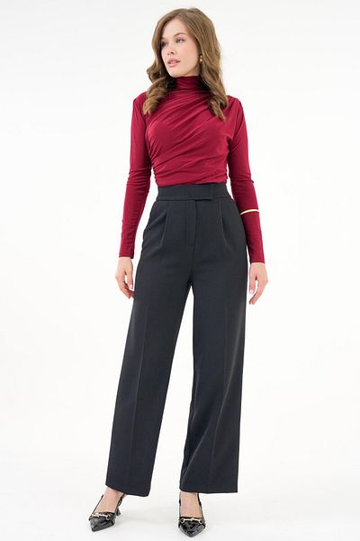 Saade Black High Waist Velcro Closure Single Pleat Woven Palazzo Pants