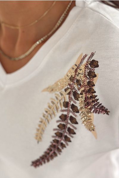 FEMELLE Women's White V-Neck Large Size Shoulder Leaf Pattern Sequin Sequin Embroidered 100% Cotton T-Shirt