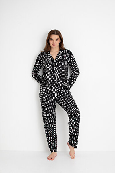DOFİ Γυναικείο Σετ Πυτζάμες 1759 Πουά – Μακρυμάνικο, με κουμπιά - Μαύρο