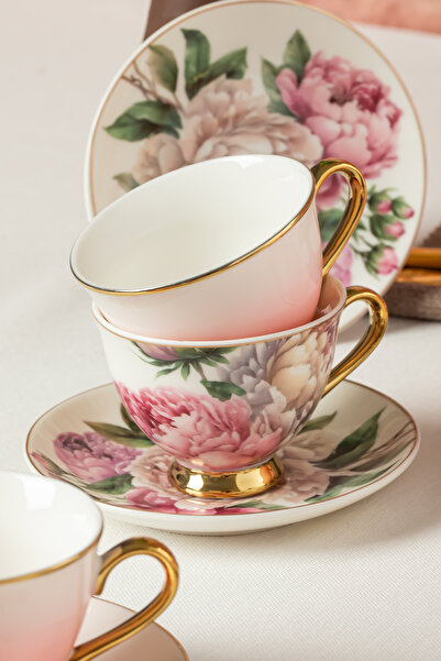 Paçi 101762 Garden Gold Yaldızlı Desenli Fincan Takımı Porselen Türk Kahvesi 6 Kişilik 12 Parça koyupembe