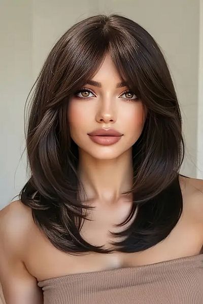 CAŞ DEKORASYON Brown Color Bangs Layered Cut Wig