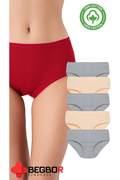 BEGBOR LİNGERİE طقم مكون من 5 سراويل داخلية عالية الخصر باللون الرمادي والبني