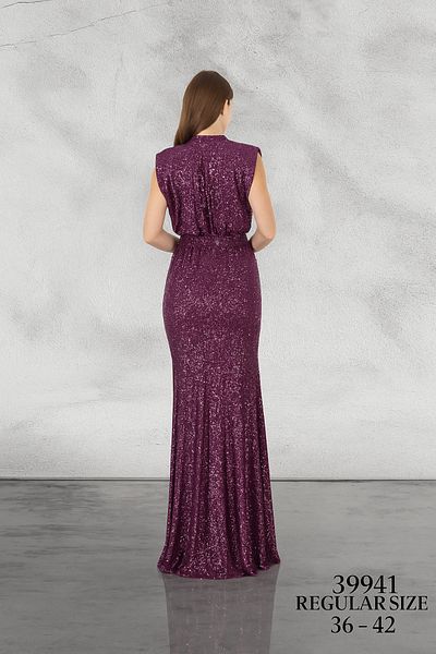 Lensia Women's Stand Collar Girdle Detail Slit Sequin Evening Dress