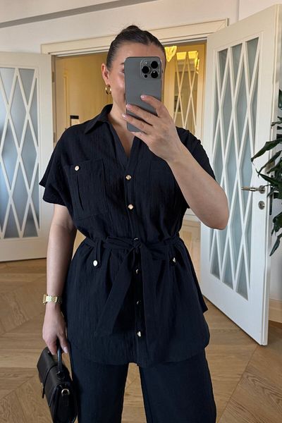 Tuba Butik Linen Belted Shirt Pants Women's Set