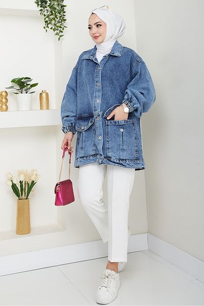Bestenur Oversize τζιν μπουφάν με τσέπη τσάντας 1442 - γαλάζιο