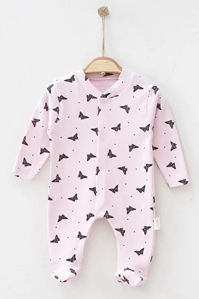Beniizle Butterfly Patterned Girls' Jumpsuit with Booties and Snap Fasteners