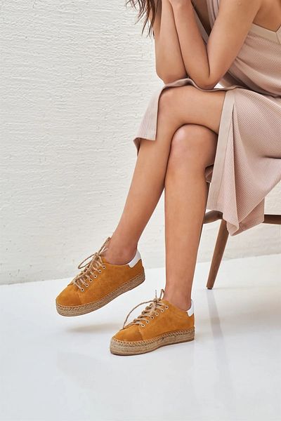 Namaste Vintage Mustard Genuine Leather Suede Straw Sole Women's Espadrille