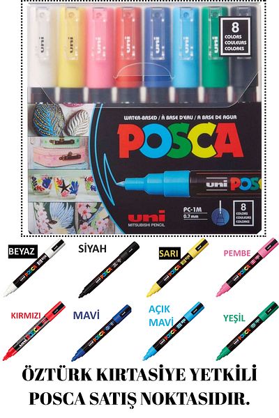 Uni Posca 8 Primary Color Set (8 Primary Colors Most Prefered) Pc-1M (0.7mm) Poska Pc1M Pc - 1m