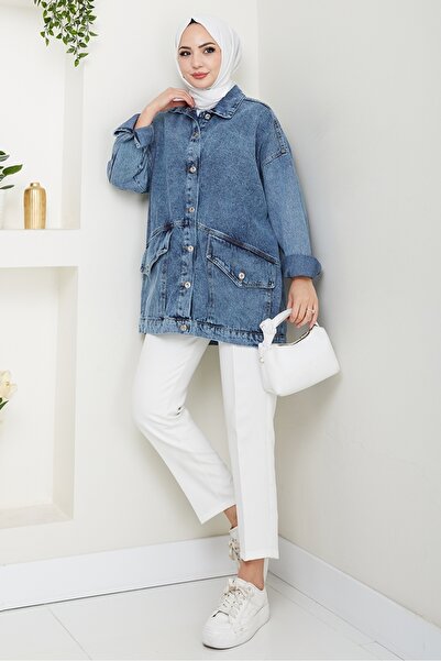 Bestenur Leliy Oversize Kot Ceket 1441 - Mavi