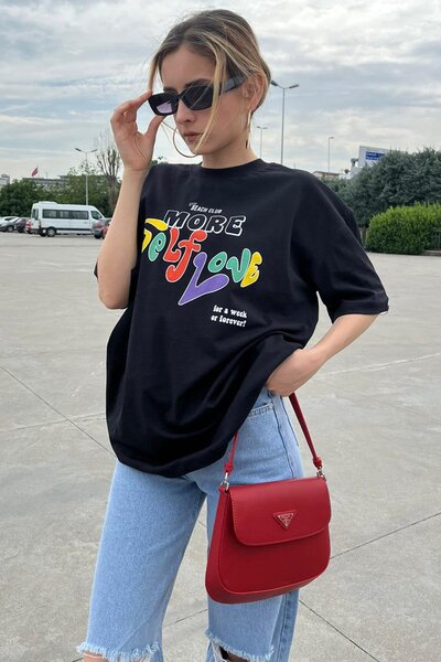 Madmext Black Printed Oversize T-Shirt Mg1522