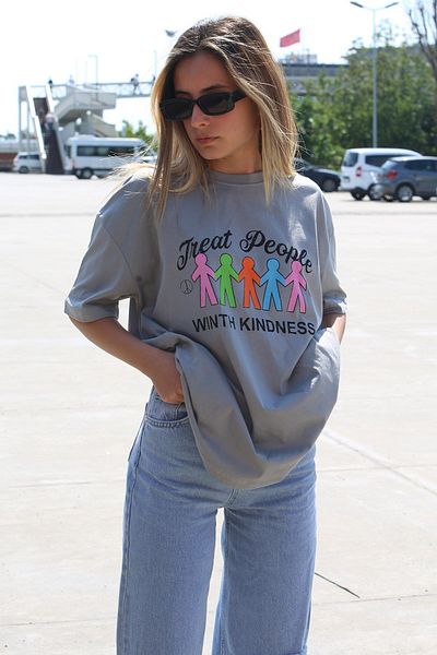 Madmext Gefärbtes graues bedrucktes Oversize-T-Shirt Mg1523