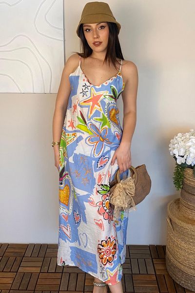 Ded COLLECTION Rochie midi de vară, cu bretele subțiri, cu stea cu inimă, cu modele mixte