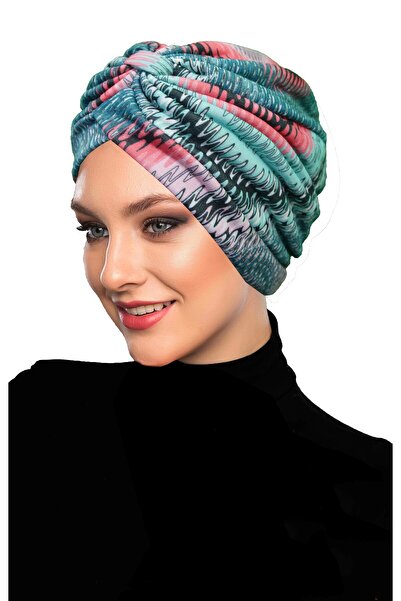 fidan bone Mavera Model Colorful Patterned Cross and Band Detailed Lined Ready-Made Turban Hijab Pool Cap