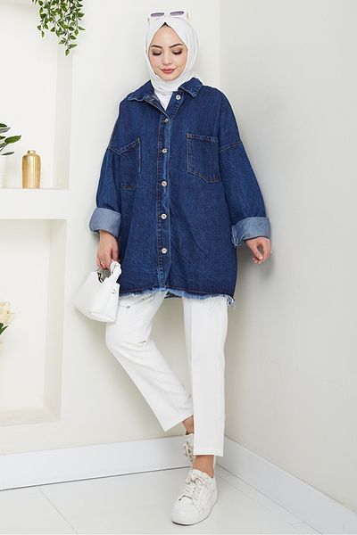 Bestenur Tasseled Oversize τζιν μπουφάν 1458 - Μπλε