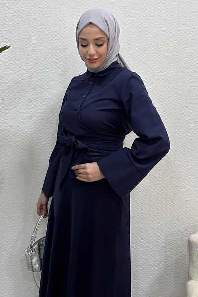 Tesettür Diyarı Cămașă de damă cu detaliu panglică - albastru bleumarin