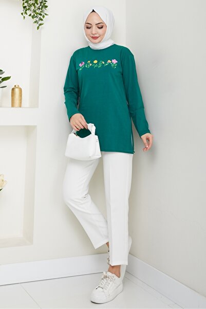 Bestenur Μοτίβο λουλουδιών Hijab Tunic 1425 - Emerald Green