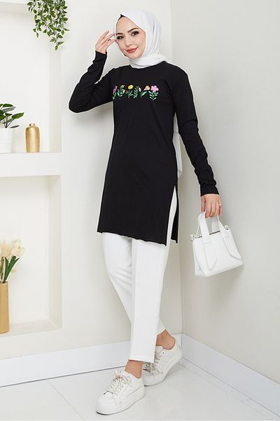 Bestenur Μοτίβο λουλουδιών Hijab Tunic 1425 - Μαύρο