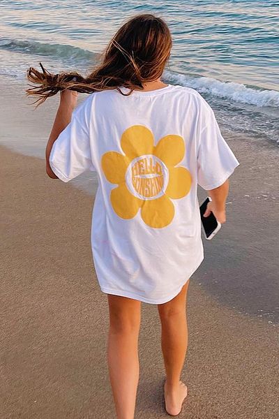 Madmext Weißes bedrucktes Oversize-Damen-T-Shirt mit rundem Kragen Mg1472