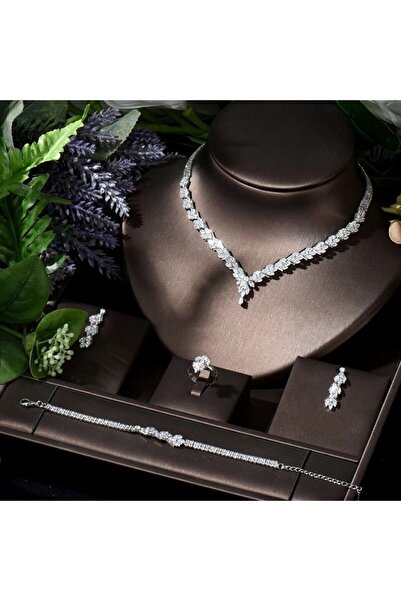 VİYA Gemma Zirkon Taşlı Takı Seti Kolye Bileklik Küpe Yüzük Hediye Set