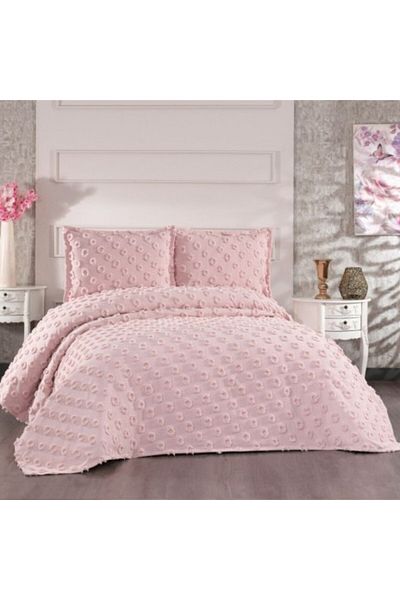Çapa Home Set cuvertura catifelata pat dublu 3 piese, 240x260cm, Hayal roz pudra