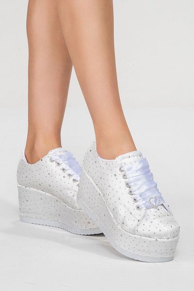 Stilo White Crystal Stone Satin Coated Sole Wedge Heeled Evening Dress Shoes