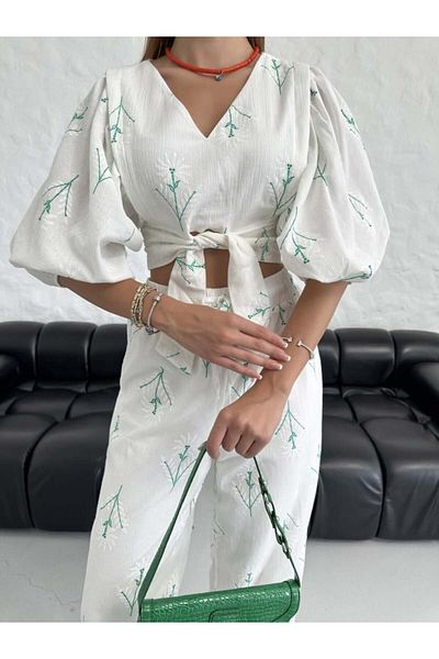 buqre's moda Women's Slit Shabby Design Raw Linen Double Set