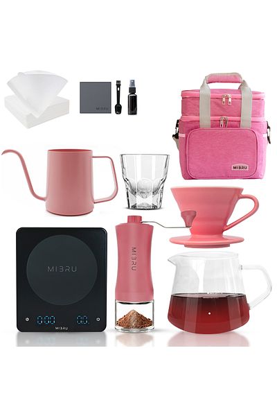 MIBRU V60 Coffee Drip Pour Over Set 11 Pcs Manual Brewer Kettle Grinder Dripper Filter Barista Kit Pink