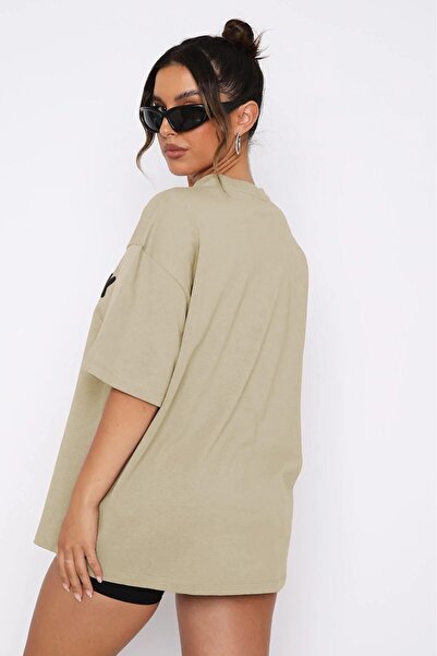 Madmext Beige Printed Crew Neck Women's T-Shirt Mg1706