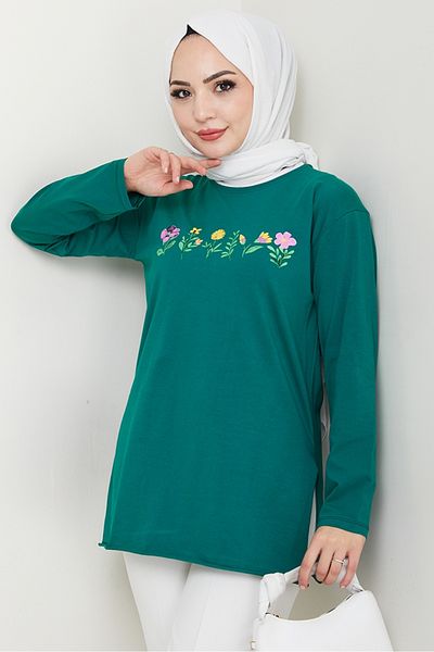 Bestenur Flower Pattern Hijab Tunic 1425 - Emerald Green
