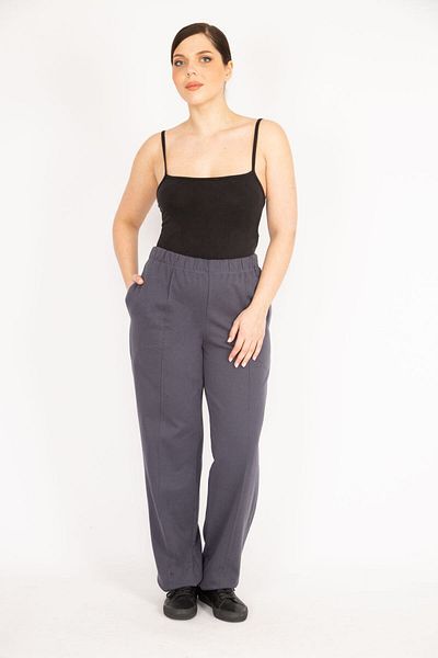 Şans Pantaloni de damă afumati cu talie elastică, cu buzunare laterale, cu cusături de iarbă, cu imprimeu de fier, de mărime mare 65n36112
