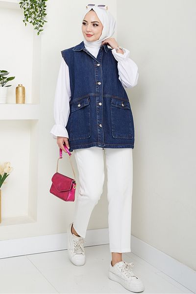 Bestenur Denim Vest with Flap Pocket 1432 - Dark Blue