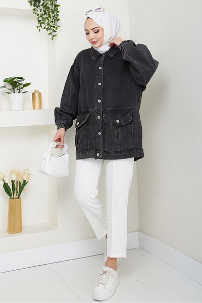 Bestenur Τζιν μπουφάν Oversize με τσέπη τσάντας 1442 - Anthracite