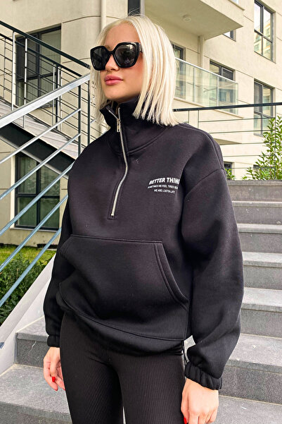 Madmext Γυναικείο φούτερ MG1935 με μαύρη βάση με γιακά με φερμουάρ