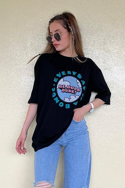 Madmext Schwarzes Oversize-T-Shirt mit Aufdruck für Damen, MG948