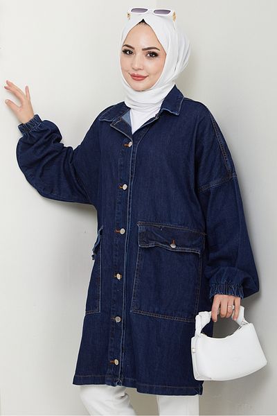Bestenur Τζιν μπουφάν Oversize με τσέπη 1435 - Σκούρο Μπλε