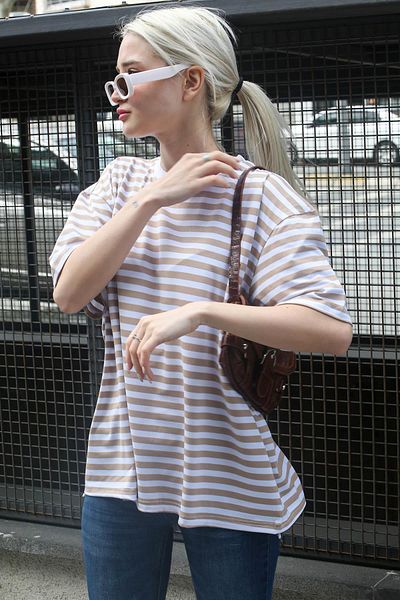 Madmext Beige Striped Crew Neck T-Shirt Mg1656
