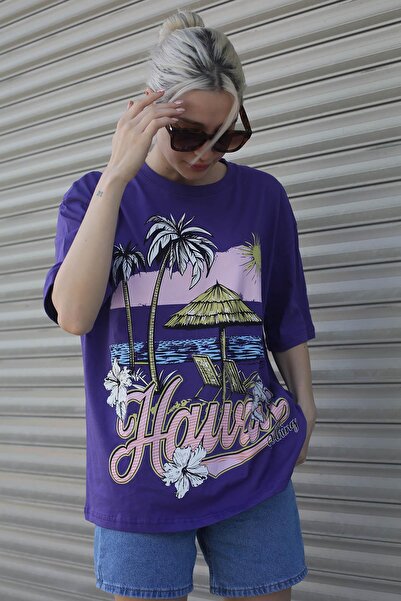 Madmext Purple Printed Crew Neck Women's T-Shirt Mg1765